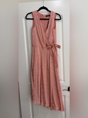 Lauren Ralph Lauren Pink Floral Metallic Jacquard Sleeveless Midi Wrap Dress.